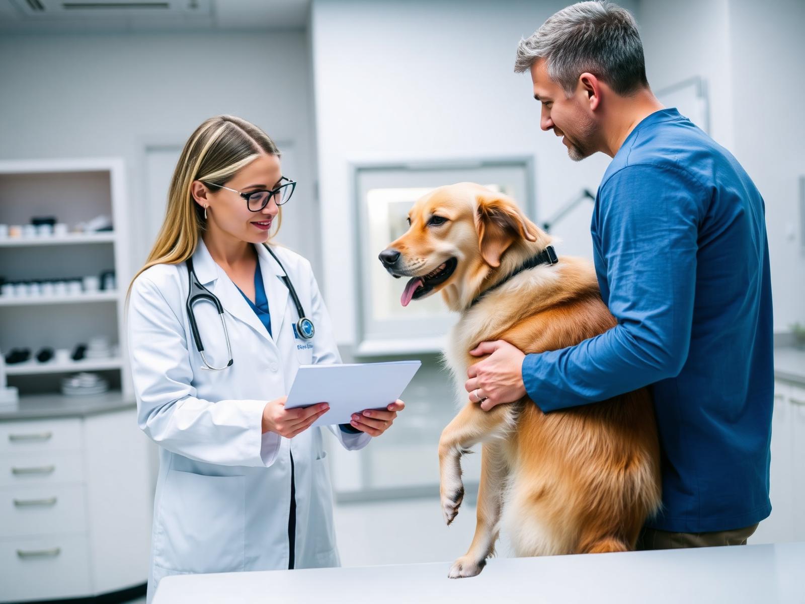 American veterinarian discussing treatment costs with a dog owner in a modern veterinary clinic